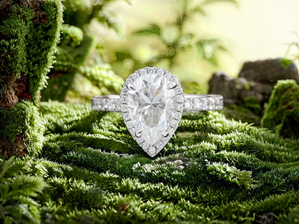 Glamorous Pear Moissanite Halo Ring with Sparkling Pavé