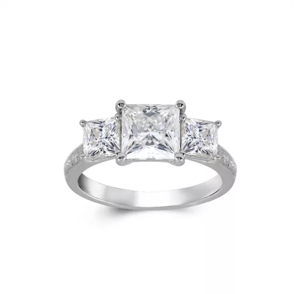 Princess Square  Moissanite Ring Tri-Stone in Sterling Silver