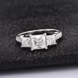 Princess Square  Moissanite Ring Tri-Stone in Sterling Silver - Image 2